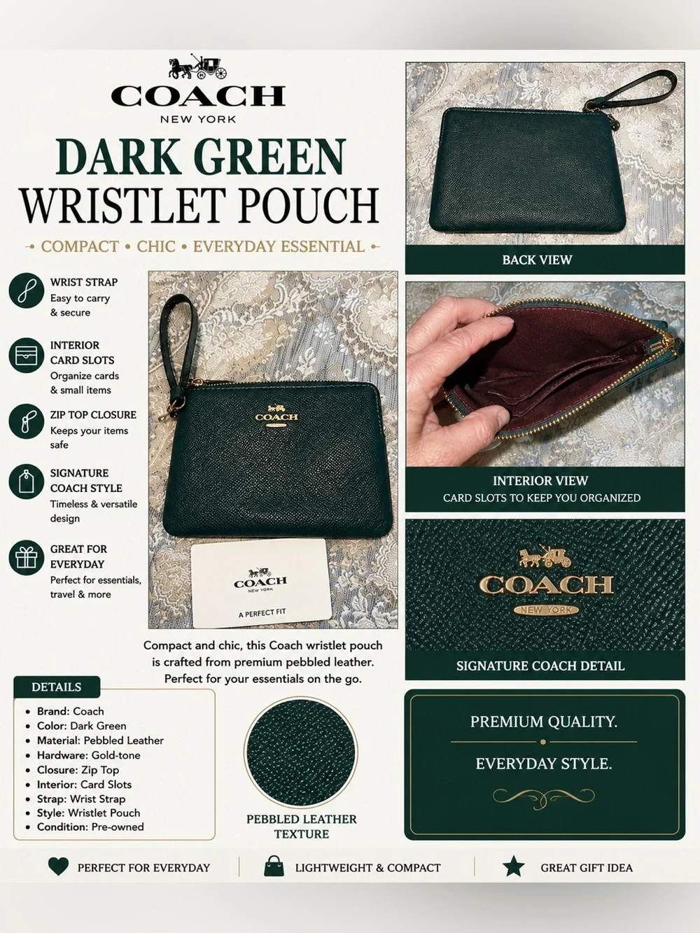 Coach Dark Green Pebbled Leather Wristlet Pouch with Gold Hardware